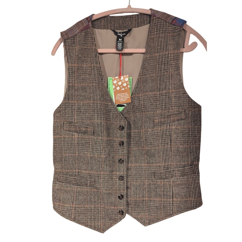 Houston White Waistcoat Vest M Brown Plaid Patchwork Wool Blend Dandy Academia